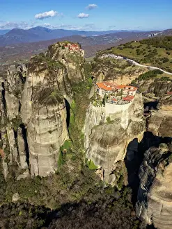 Monasteries Prints: Drone aerial view of Meteora with ancient holy Monastery of Varlaam and Great Meteoron