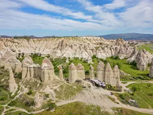 Love Prints: Drone view captures Love valley with rock formations in Cappadocia Turkey near Goreme showcasing natural landscape