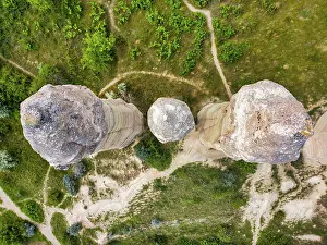 Love Prints: Drone view of Love Valley showing rock formations surrounded by greenery in Cappadocia