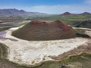 Wonders Prints: Drone view of Meke dry lake volcano and red crater in Turkey shows landscape and geological features in Karapinar area
