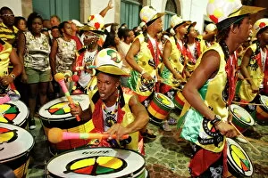 Celebration Gallery: Drum band Olodum performing in Pelourinho during carnival, Bahia, Brazil, South America