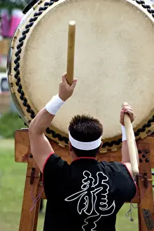 One Man Only Prints: Drummer performing on a Japanese taiko drum at a festival in Kanagawa, Japan, Asia