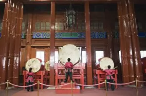 Drummers inside The Drum Tower, a later Ming dynasty version originally built in 1273 marking the centre of the old