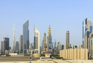 Dubai cityscape with Burj Khalifa and Emirates Towers, Dubai, United Arab Emirates, Middle East