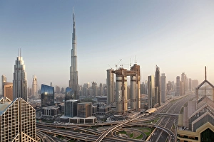 Gulf Prints: Dubai skyline at sunset with Burj Khalifa