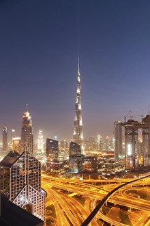 Cosmopolitan Prints: Dubai skyline at sunset with Burj Khalifa