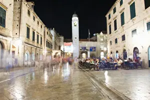 Dubrovnik Old Town at night, Dubrovnik City Bell Tower on Stradun, UNESCO World Heritage Site, Dubrovnik, Croatia, Europe