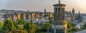 Calton Hill Prints: The Dugald Stewart monument on Calton Hill, Edinburgh city skyline in the background