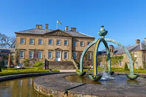 Sculptures Prints: Dumfries House features Mahtouz fountain in garden setting near Cumnock in East Ayrshire in Scotland during clear