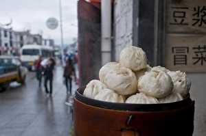 Ethnic Food Prints: Dumplings for sale in a restaurant in Lhasa, Tibet, China, Asia