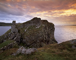 Moody Prints: Dunscaith Castle ruins (Dun Sgathaich) at sunset