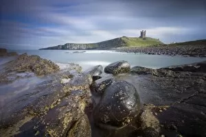 North Umberland Collection: Dunstanburgh Castle bathed in afternoon sunlight with rocky coastline in foreground