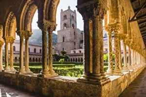 Duomo di Monreale at sunset (Monreale Cathedral), courtyard gardens, Monreale, near Palermo, Sicily, Italy, Europe