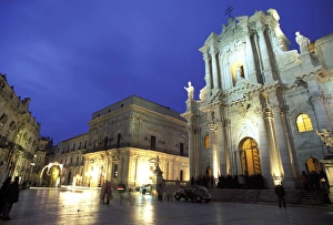 Syracuse Prints: Duomo Square at dusk, Ortygia, Siracusa, Sicily, Italy, Europe
