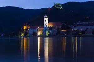 Danube Prints: Durnstein, Stiftskirche, Burgruine and River Danube at dusk, Wachau, Austria