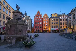 Stockholm Prints: Dusk over the colorful facades of townhouses in the medieval Stortorget Square, Gamla