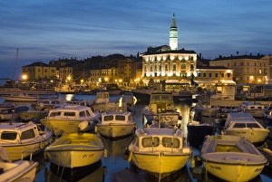 Rovinj Prints: Dusk over harbour and St. Euphemias Church, Rovinj, Istria, Croatia, Adriatic, Europe