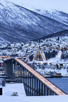 Light Trail Prints: Dusk over the illuminated Bruvegen Bridge and Arctic Cathedral in winter