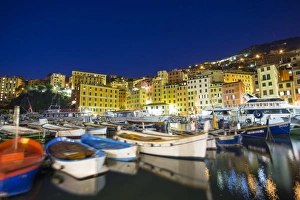 Camogli Prints: Dusk light on harbour and fishing village of Camogli
