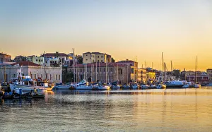 Chania Prints: Dusk light over moored boats in the harbour, Chania, Crete, Greek Islands, Greece, Europe