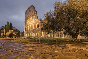 Ancient Rome Prints: Dusk lights on the Colosseum, the old Flavian Amphitheatre, and symbol of the city