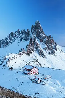 Cabin Prints: Dusk on Locatelli mountain hut with Paterno mountain in the background