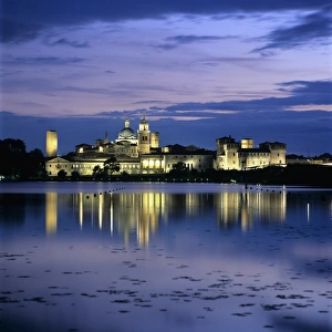 Eerie Prints: Dusk over the old town and Lake Inferiore, Mantua, Lombardy, Italy, Europe
