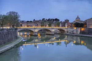 Tiber River Prints: Dusk on Tiber River with Umberto I Bridge and the Basilica di San Pietro in the Vatican