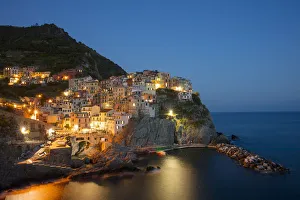 Liguria Prints: Dusk view of Manarola, Cinque Terre, UNESCO World Heritage Site, Liguria, Italy, Europe