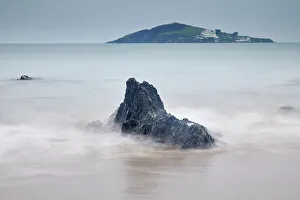 Bantham Prints: A dusk view of shoreline rocks on the beach at Bantham