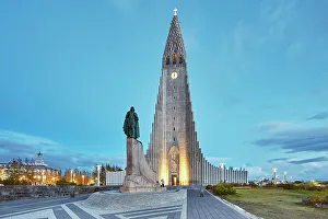 Clock Tower Prints: A dusk view of the spire of Hallgrimskirkja Church