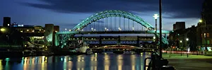 Illumination Prints: Dusk view towards Tyne Bridge over River Tyne, Quayside, Newcastle upon Tyne