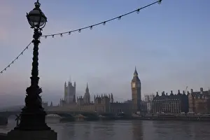Administration Prints: Early misty morning view of Big Ben and the Houses of Parliament across Westminster Bridge