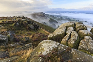 Heather Prints: Early morning fog, Curbar Edge with view to Baslow Edge, Peak District National Park