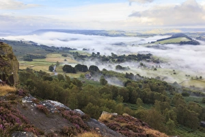 Early morning fog around Curbar village, from Curbar Edge, Peak District National Park