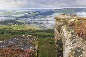 Heather Prints: Early morning fog around Curbar village, from Curbar Edge, Peak District National Park