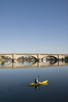 Kayak Prints: Early morning kayaker and London Bridge, Havasu City, Arizona, United States of America