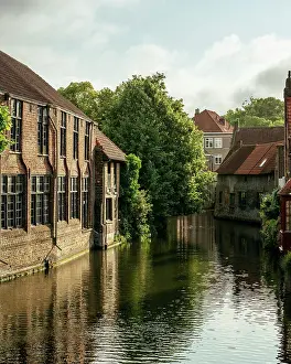 Bruges Prints: Early morning light on canal, Old town, Bruges, Belgium