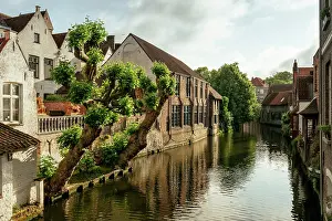 Bruges Prints: Early morning light on canal, Old town, Bruges, Belgium