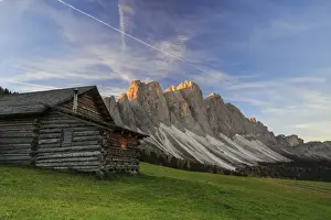 Odle Prints: The early morning light illuminates Malga Zannes and the Odle in background, Funes Valley