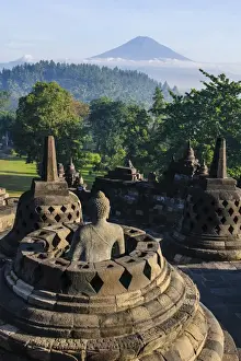 Borobodur Prints: Early morning light at the stupas of the temple complex of Borobodur