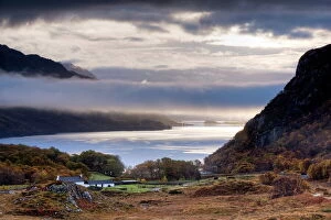 Misty Collection: Early morning mist hanging over Loch Maree with Tollie Farm in foreground