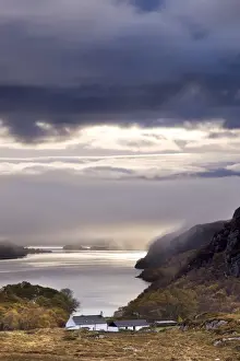 Loch Prints: Early morning mist hanging over Loch Maree with Tollie Farm in foreground