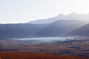 Ambalavao Prints: Early morning mist, Tsaranoro Valley, Ambalavao, central area, Madagascar, Africa
