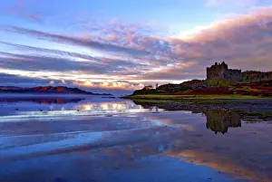 Forts Prints: Early morning view of Castle Tioram and Loch Moidart as dawn breaks in a warm colorful