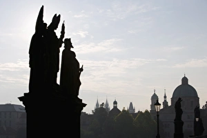 Czech Prints: Early morning view of statues on Charles Bridge, Old Town, Prague, Czech Republic, Europe