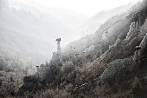 Brescia Province Prints: Earth pyramids of Zone in the fog, Zone, Brescia province, Lombardy, Italy, Europe