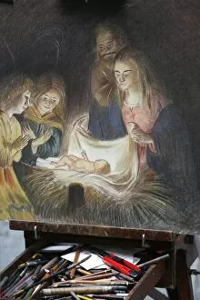Easel and Nativity scene, Florence, Tuscany, Italy, Europe