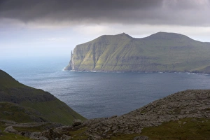 Images Dated 19th September 2008: East coast of Vagar island seen across Vagarfjordur, with Trollkonufingur