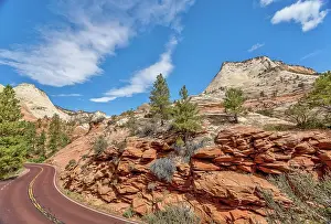 Highway Prints: East Zion National Park where Highway 9 winds between the Zion-Mount Carmel Tunnel and Checkerboard Mesa